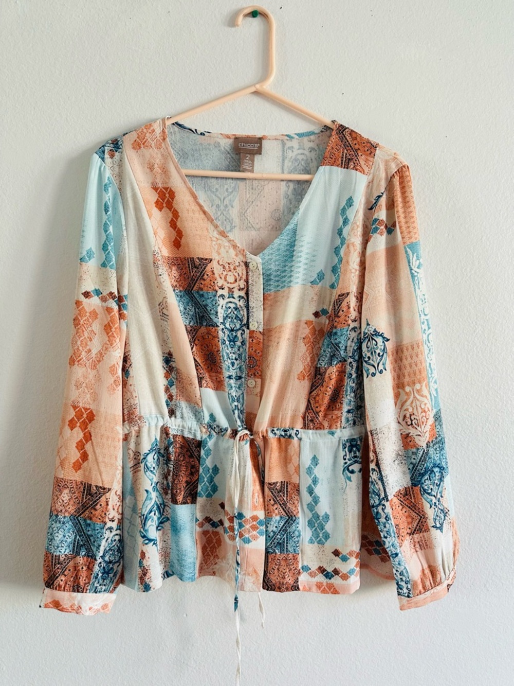 NWOT Chico's Blue & Peach Patchwork V-Neck Drawstring Blouse size 2  U.S Size L